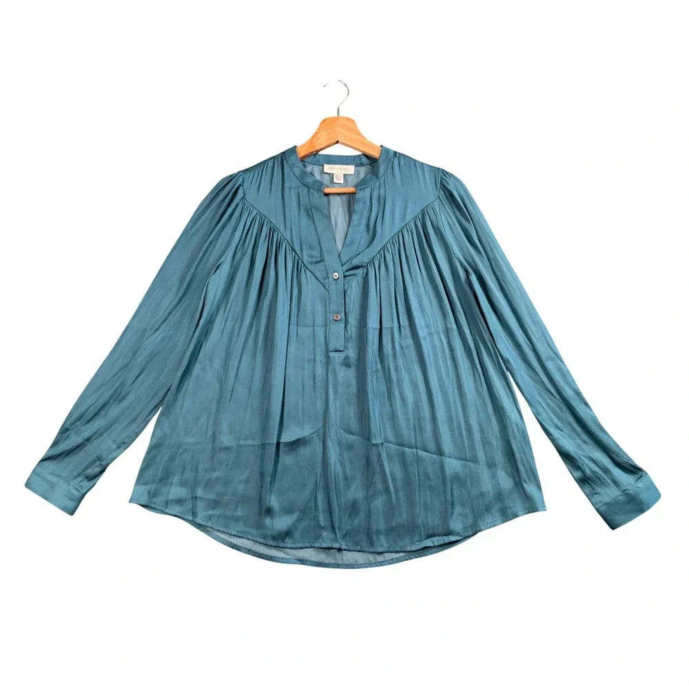 Boho Pleated Satin Blouse XS Teal Long Sleeve Yoke Top See U Soon - Picture 2 of 10
